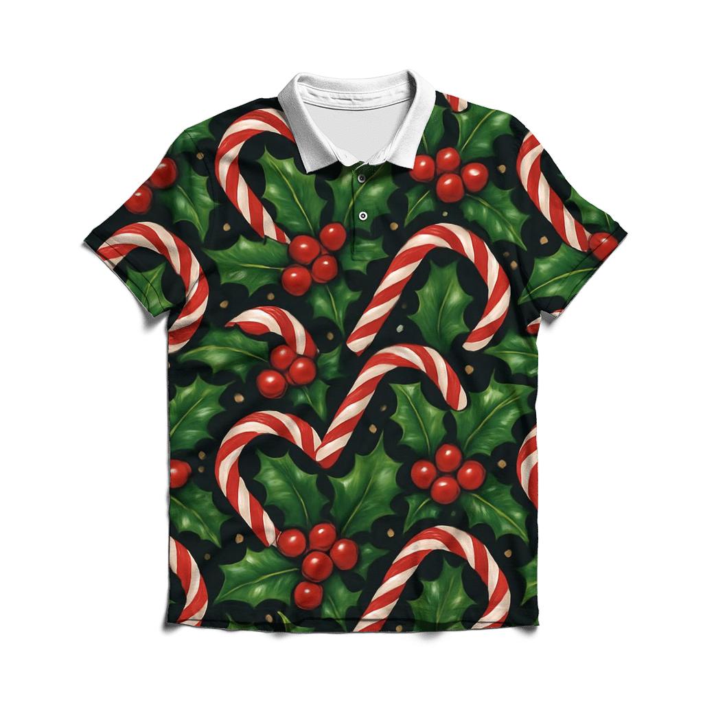 Holly And Candy Cane Interlock Tessellation On Midnight Black Background personalized polo shirts