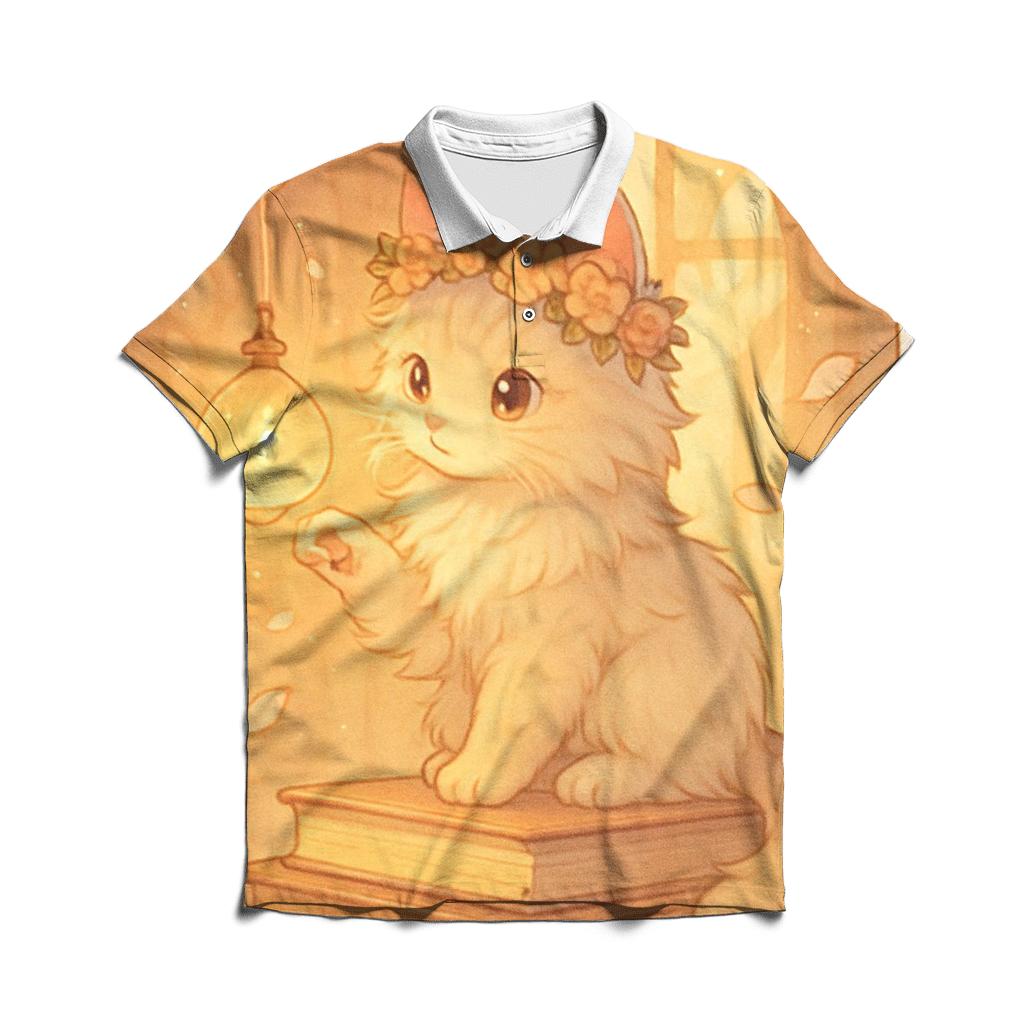 Sunrise Library Cat With Floating Lantern Orbs custom polo shirts