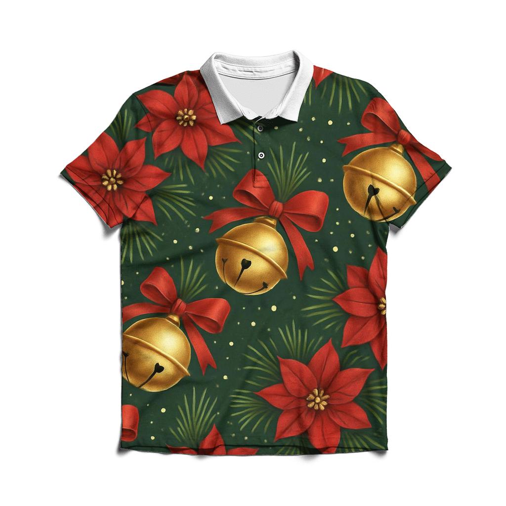 Golden Bells And Poinsettia Diagonal Stripe Repeat On Deep Forest Green Background classic pique polos