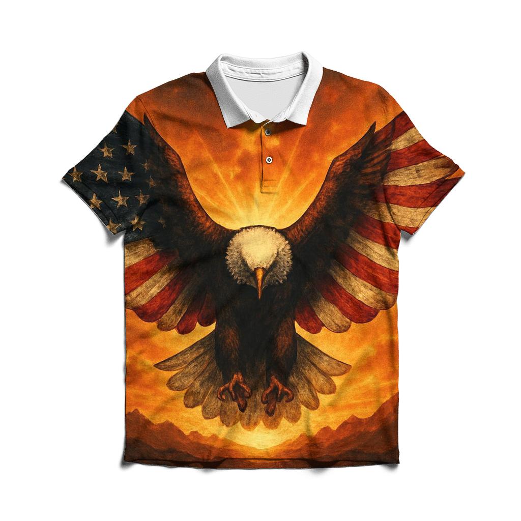 Eagle Sentinel With Burning Horizon Flag premium cotton polo shirts