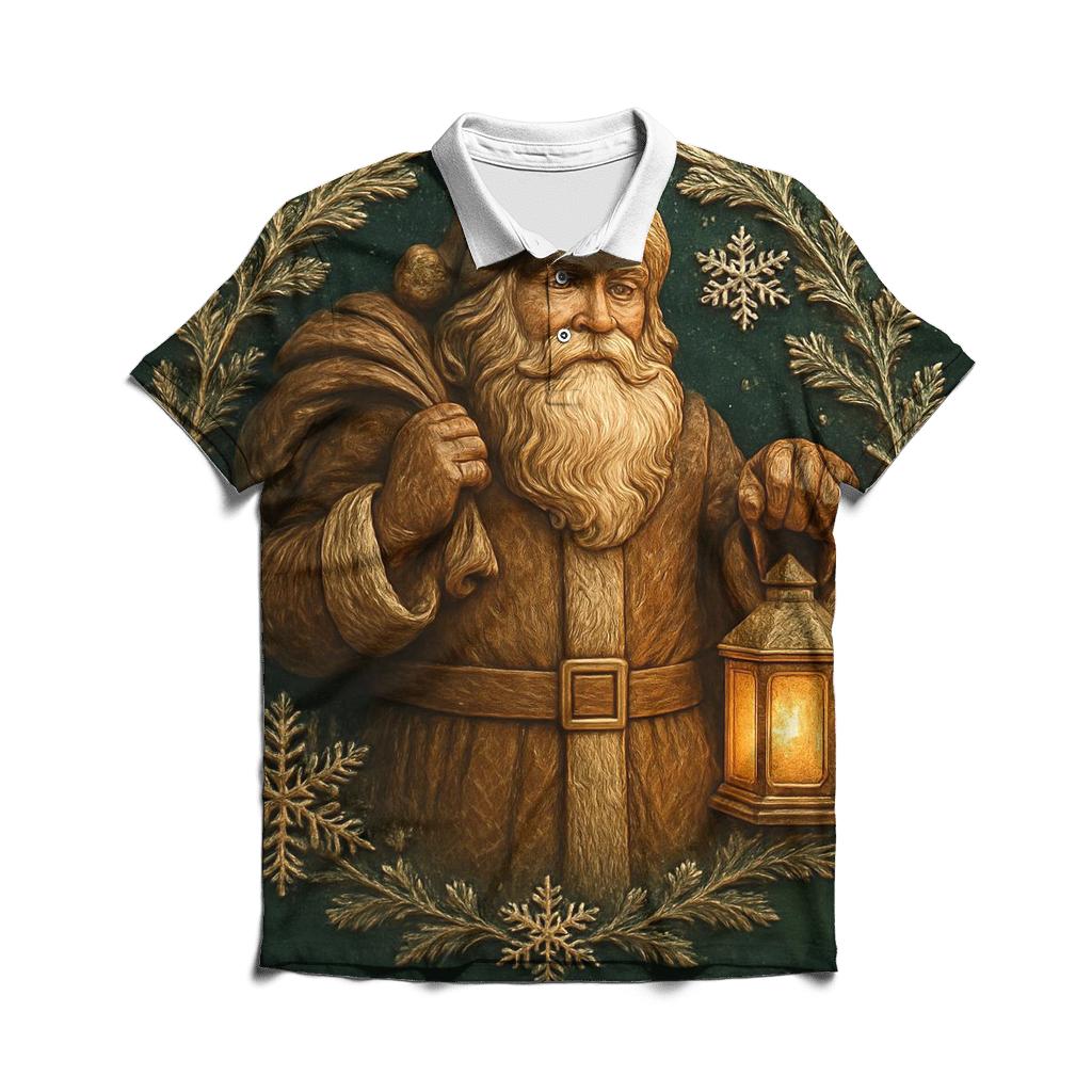 Wood Carved Santa Under Frosted Moon Halo designer slim fit polos