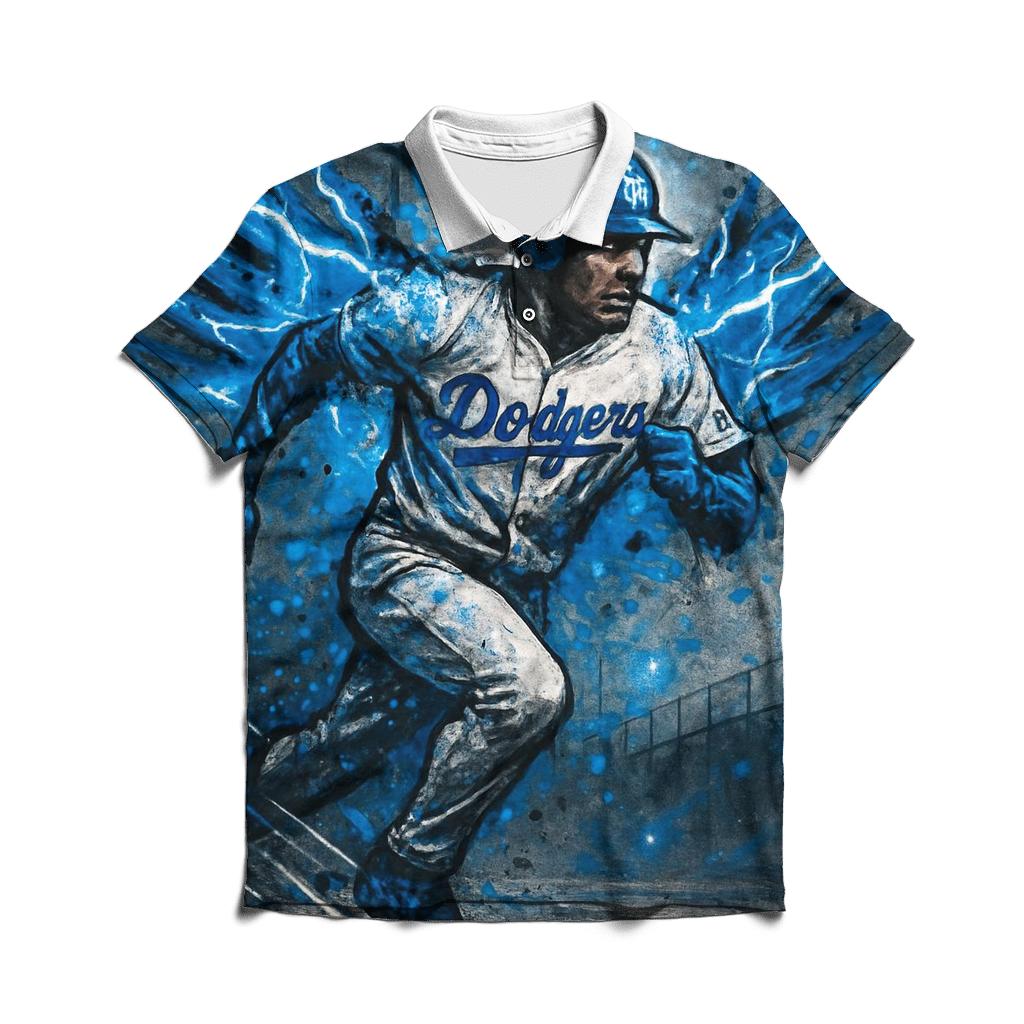 Graffiti Winged Runner Through Blue Lightning Basepaths branded logo polo shirts