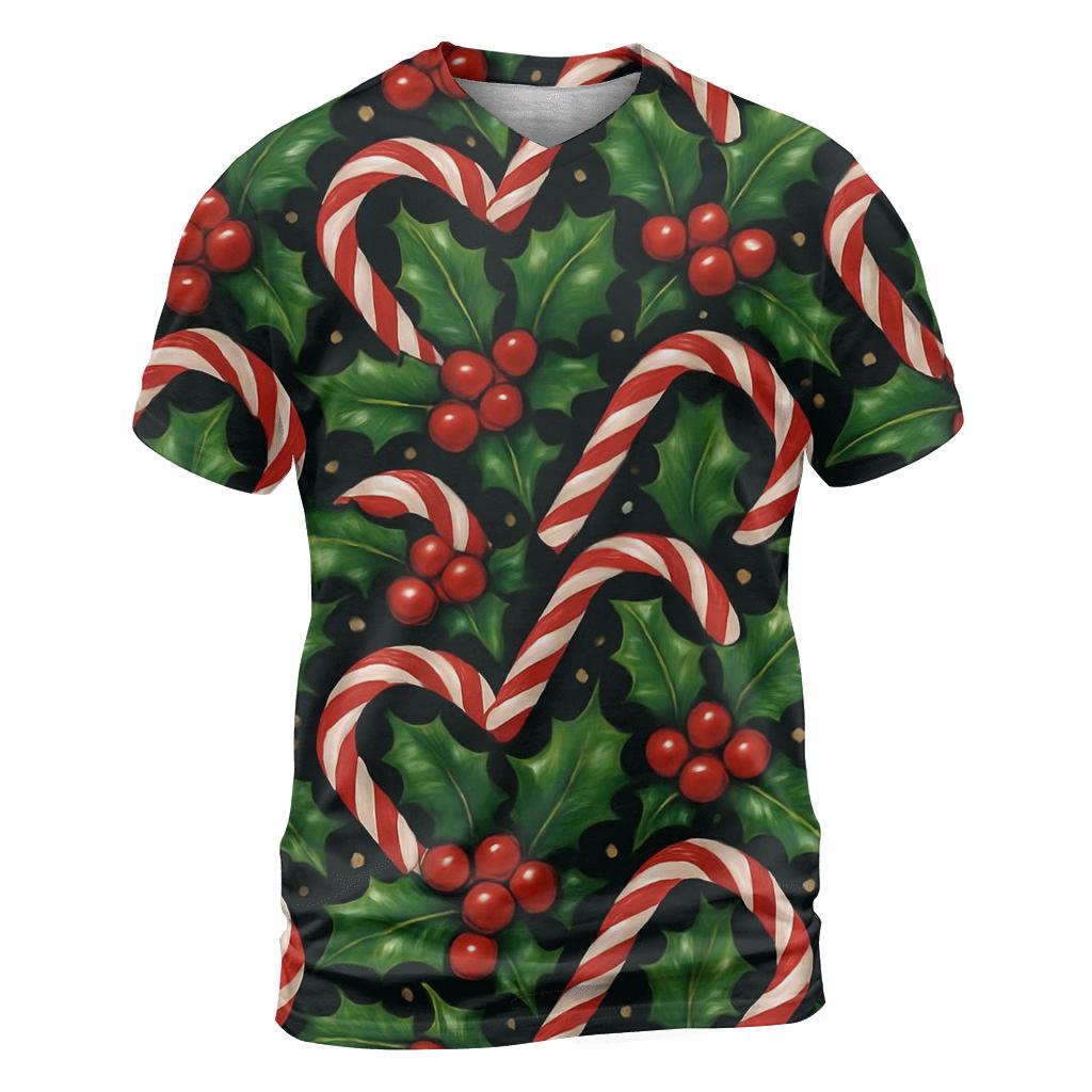 Holly And Candy Cane Interlock Tessellation On Midnight Black Background artistic all-over print tops