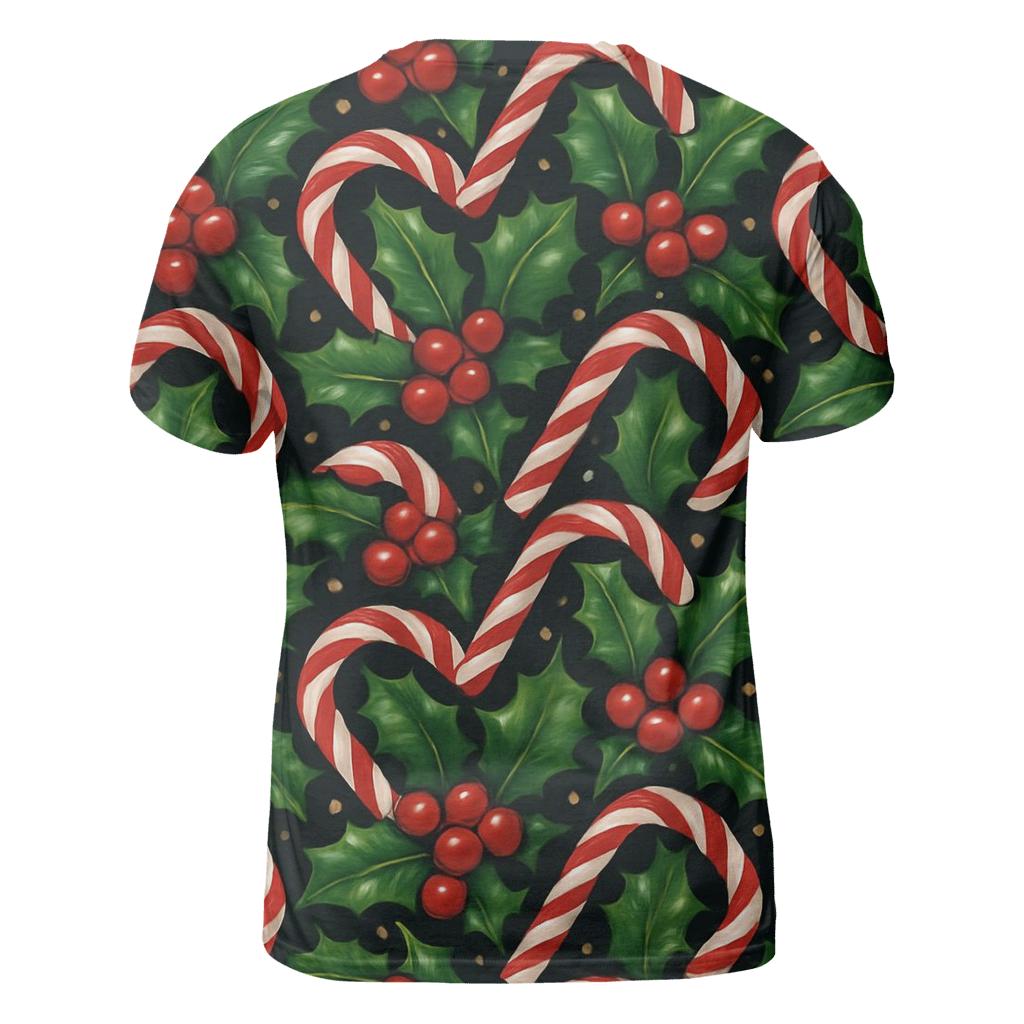 Holly And Candy Cane Interlock Tessellation On Midnight Black Background artistic all-over print tops