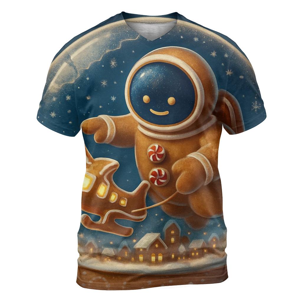 Gingerbread Spaceport Snowglobe Landing vibrant all-over design tees