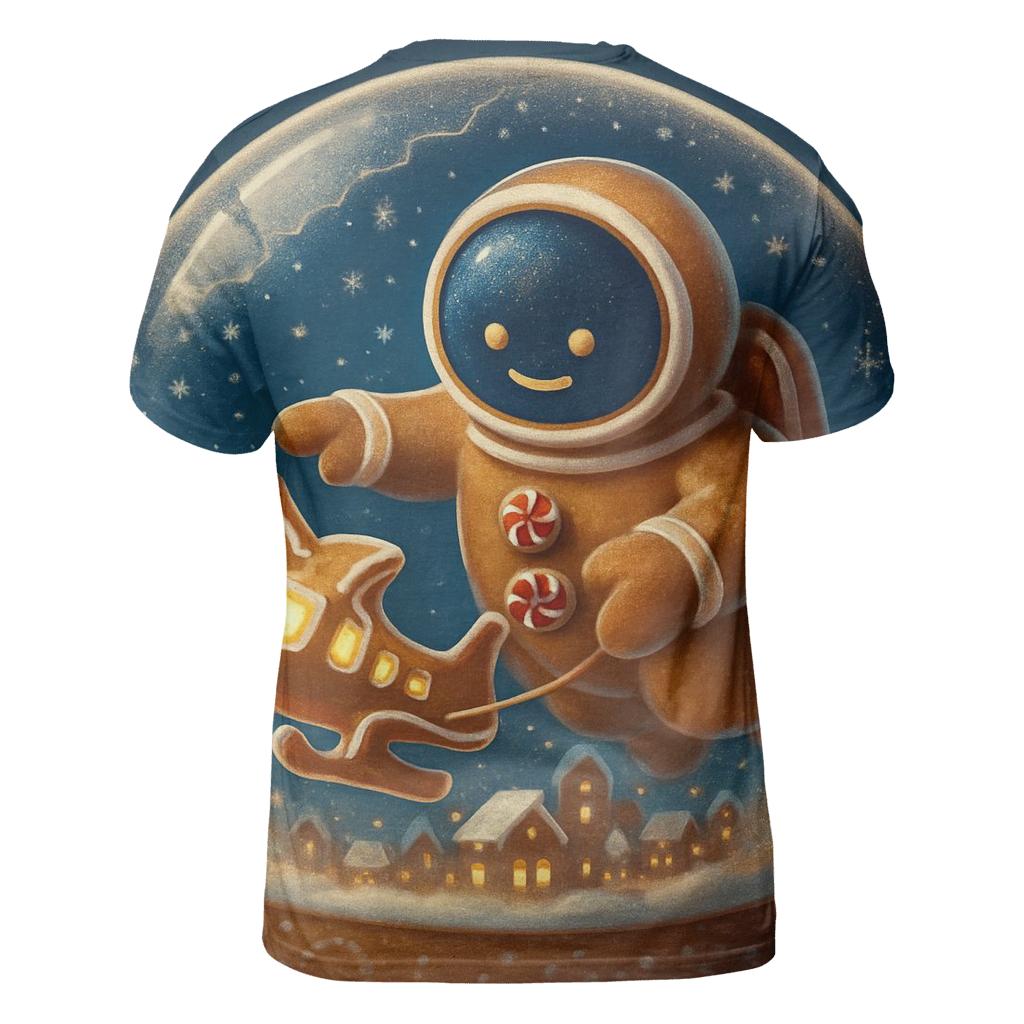 Gingerbread Spaceport Snowglobe Landing vibrant all-over design tees