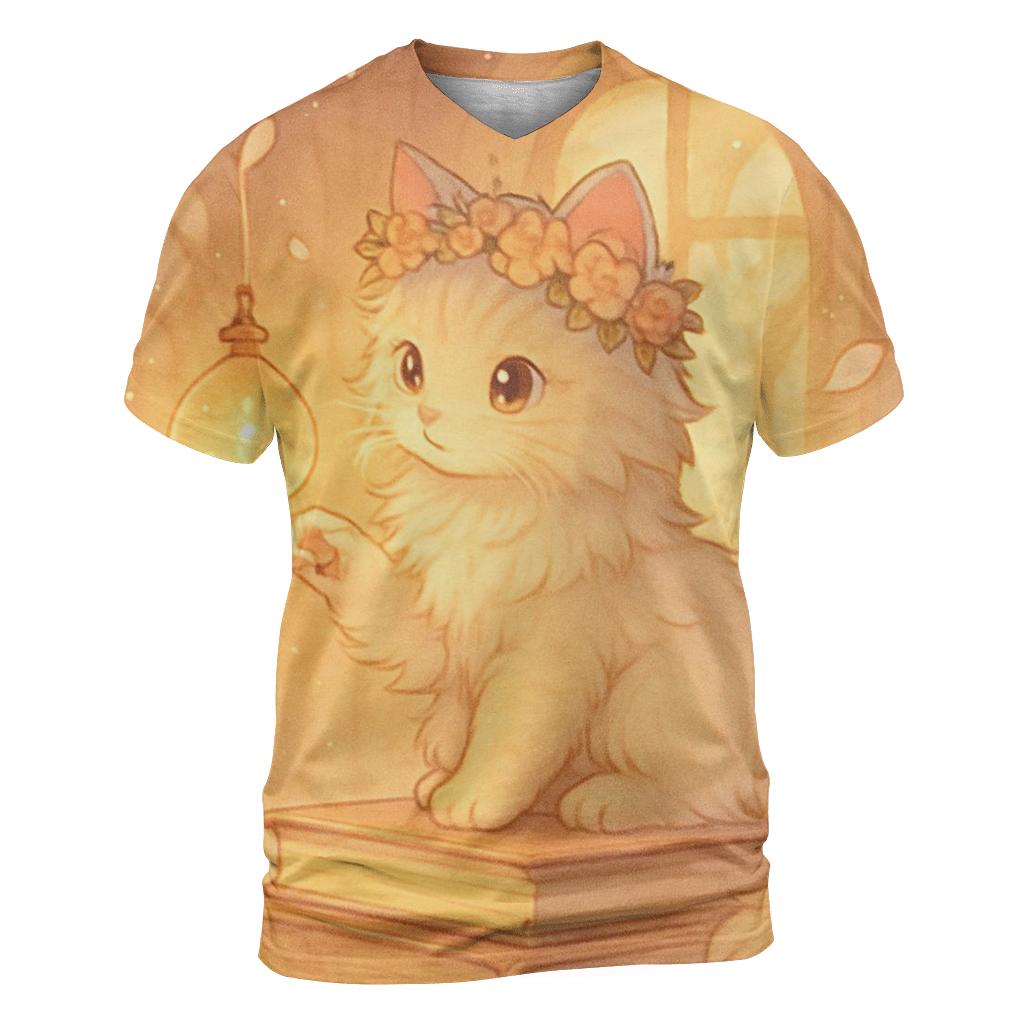 Sunrise Library Cat With Floating Lantern Orbs vibrant all-over design tees