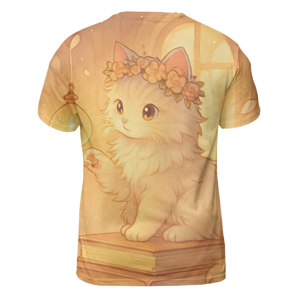 Sunrise Library Cat With Floating Lantern Orbs vibrant all-over design tees
