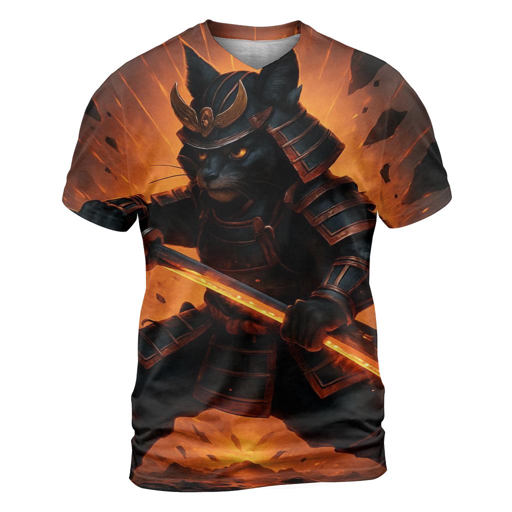 Volcanic Glass Samurai Cat statement graphic shirts