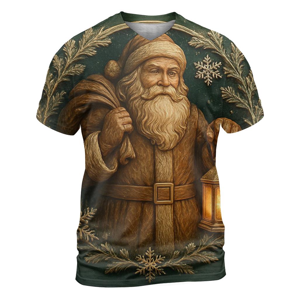 Wood Carved Santa Under Frosted Moon Halo artistic all-over print tops