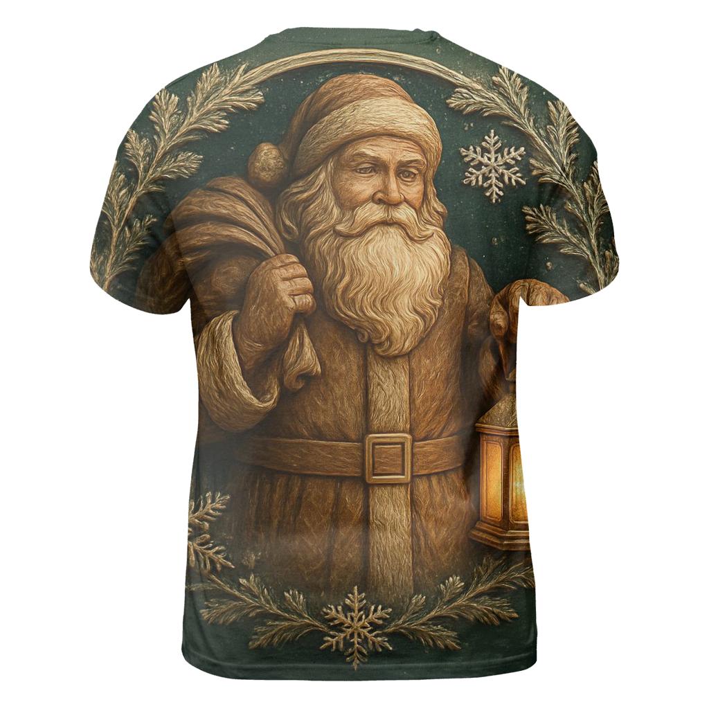 Wood Carved Santa Under Frosted Moon Halo artistic all-over print tops