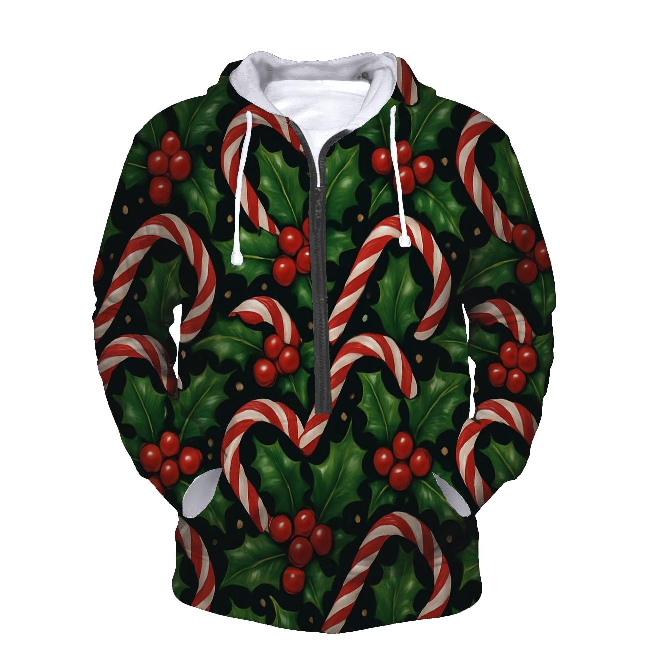 Holly And Candy Cane Interlock Tessellation On Midnight Black Background hoodie trends