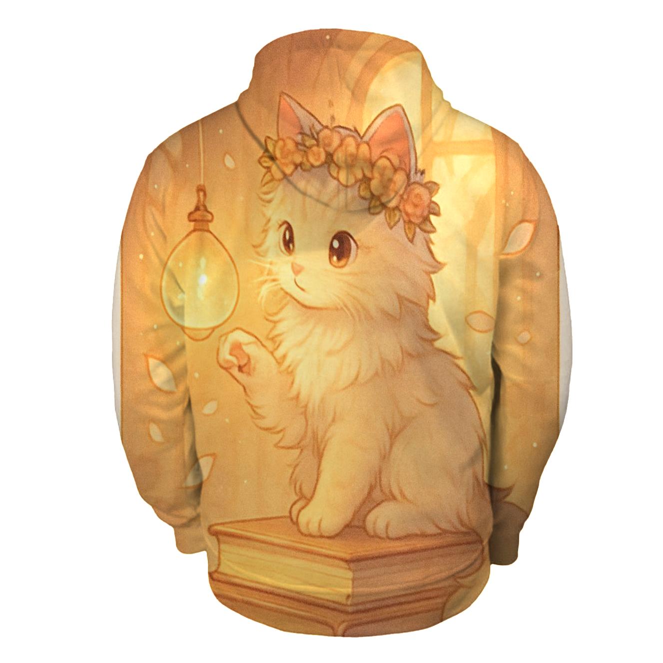 Sunrise Library Cat With Floating Lantern Orbs zip-up hoodies