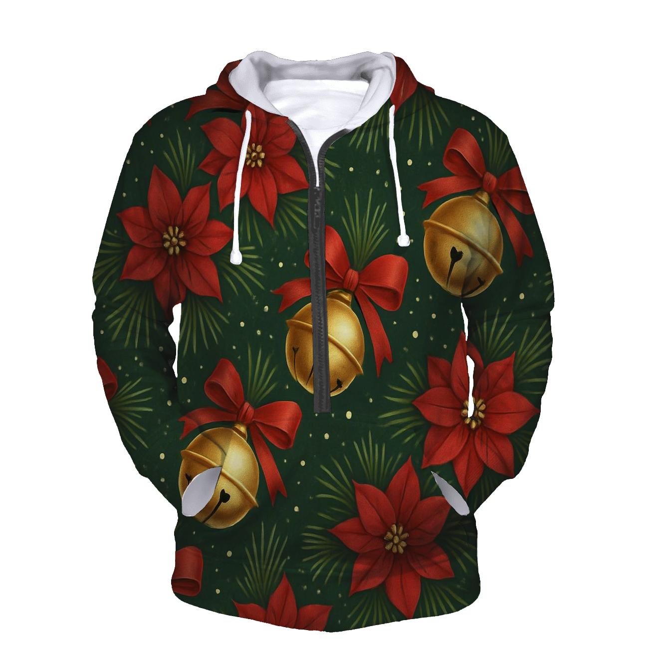 Golden Bells And Poinsettia Diagonal Stripe Repeat On Deep Forest Green Background heavyweight hoodies