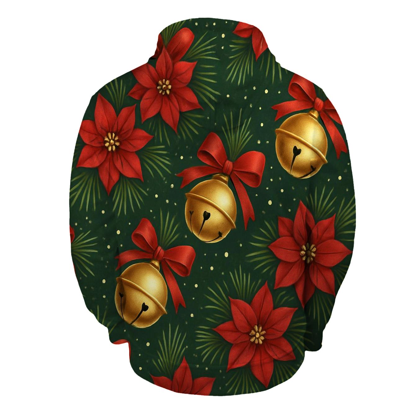 Golden Bells And Poinsettia Diagonal Stripe Repeat On Deep Forest Green Background heavyweight hoodies