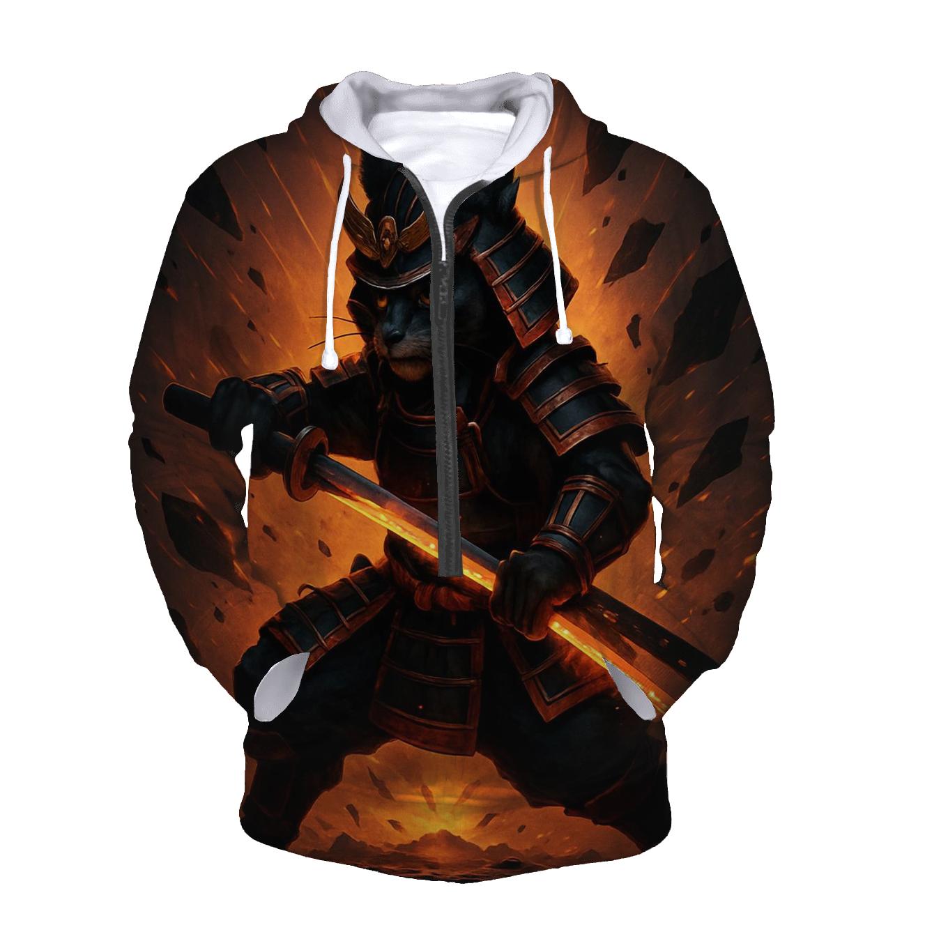 Volcanic Glass Samurai Cat embroidered hoodies