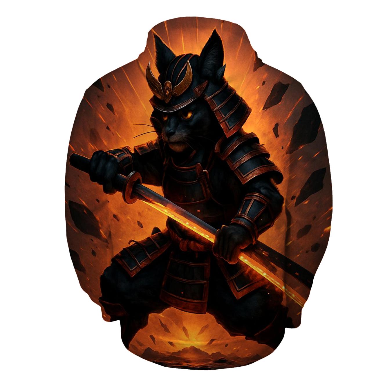 Volcanic Glass Samurai Cat embroidered hoodies