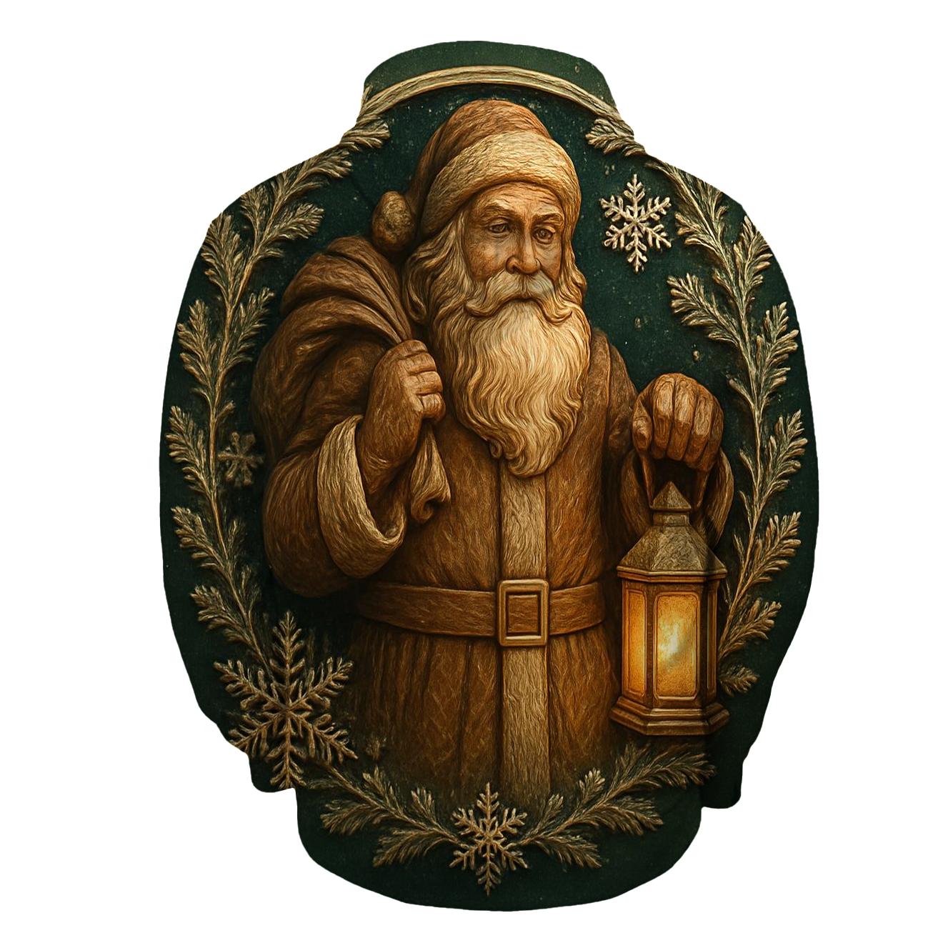 Wood Carved Santa Under Frosted Moon Halo custom hoodies