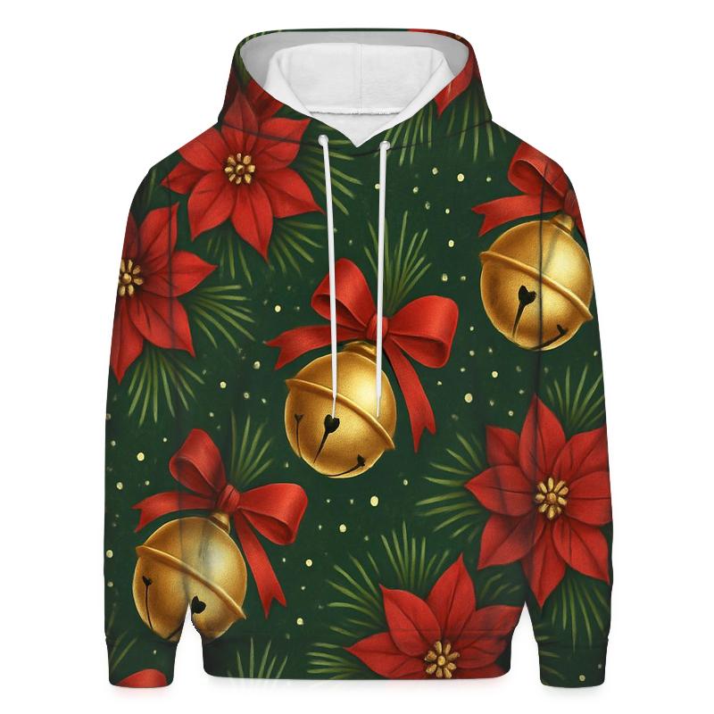 Golden Bells And Poinsettia Diagonal Stripe Repeat On Deep Forest Green Background premium hoodies