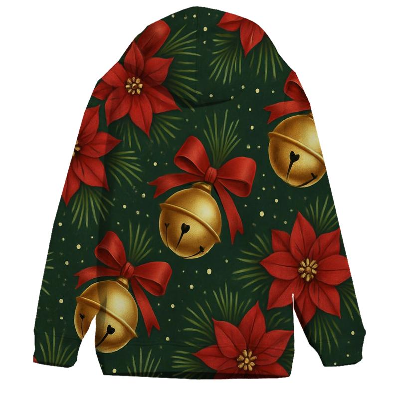 Golden Bells And Poinsettia Diagonal Stripe Repeat On Deep Forest Green Background premium hoodies