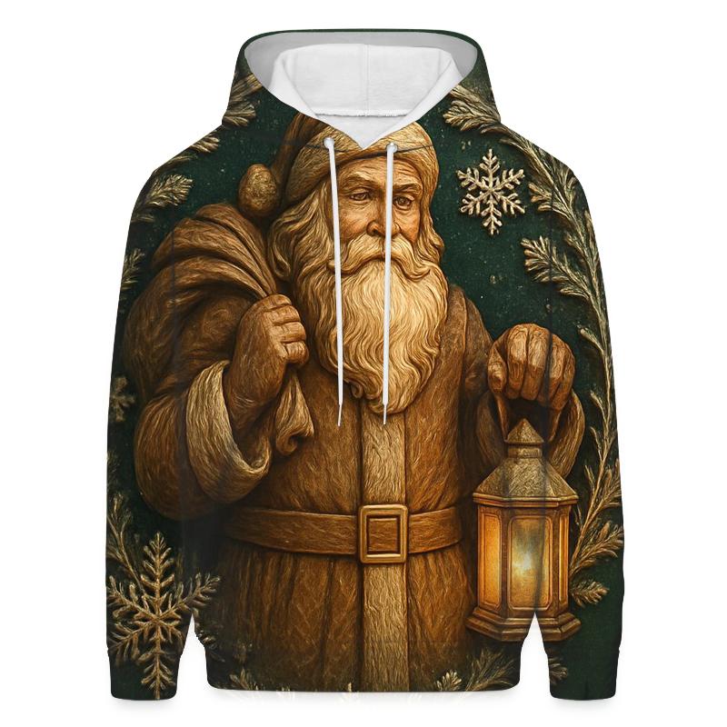 Wood Carved Santa Under Frosted Moon Halo heavyweight hoodies