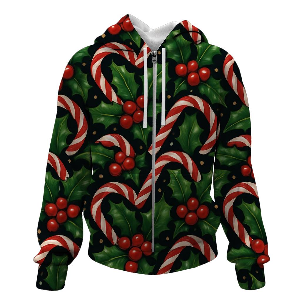 Holly And Candy Cane Interlock Tessellation On Midnight Black Background custom hoodies