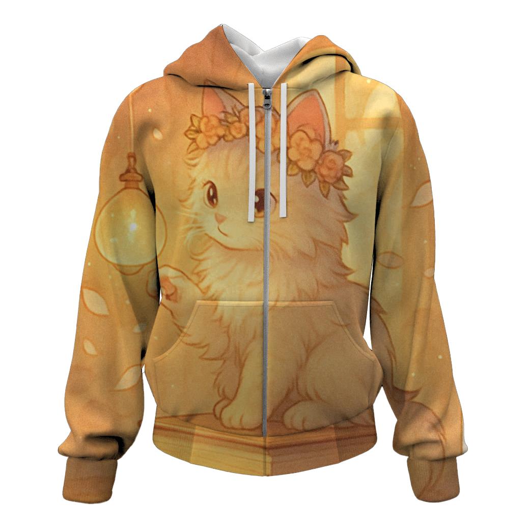 Sunrise Library Cat With Floating Lantern Orbs graphic hoodies