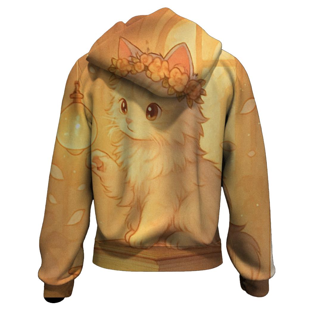 Sunrise Library Cat With Floating Lantern Orbs graphic hoodies