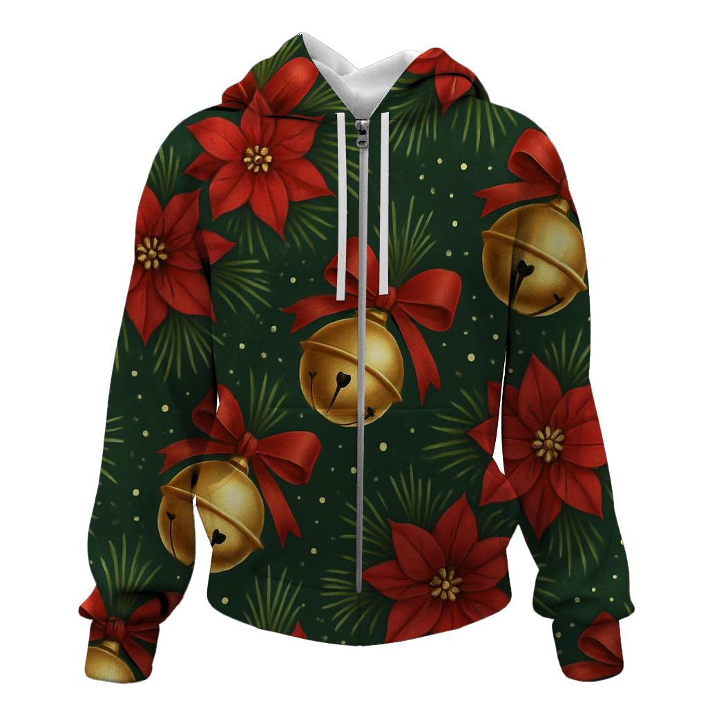 Golden Bells And Poinsettia Diagonal Stripe Repeat On Deep Forest Green Background hoodie designs
