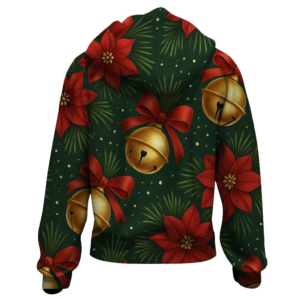 Golden Bells And Poinsettia Diagonal Stripe Repeat On Deep Forest Green Background hoodie designs