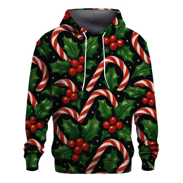 Holly And Candy Cane Interlock Tessellation On Midnight Black Background embroidered hoodies
