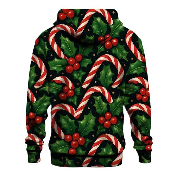 Holly And Candy Cane Interlock Tessellation On Midnight Black Background embroidered hoodies