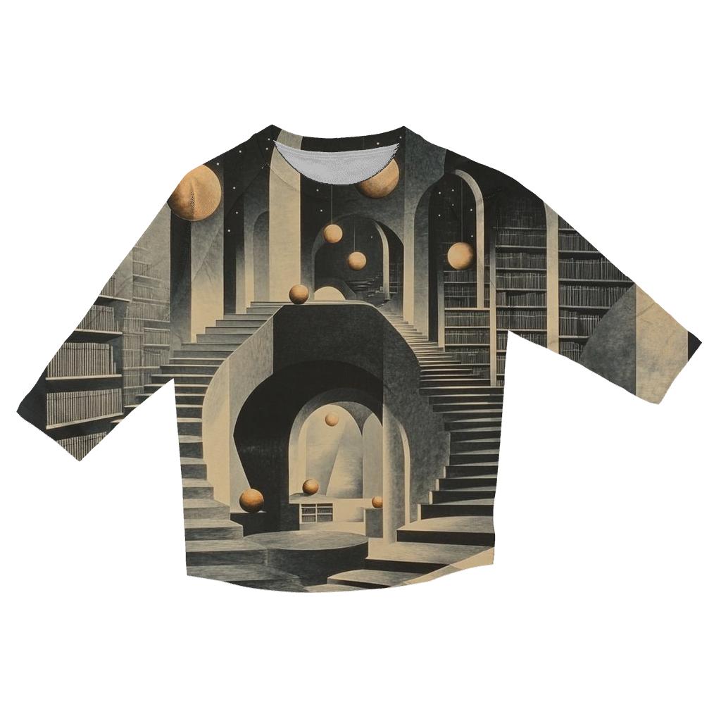 MC Escher Inspired Library Of Orbiting Staircases casual three quarter sleeve shirts