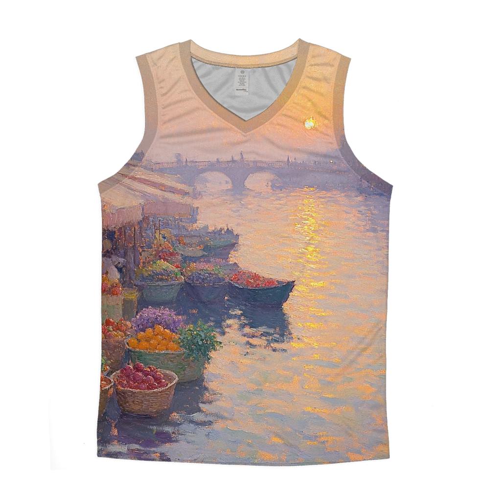 Claude Monet Inspired Sunrise Over Quiet River Market casual summer tank tops