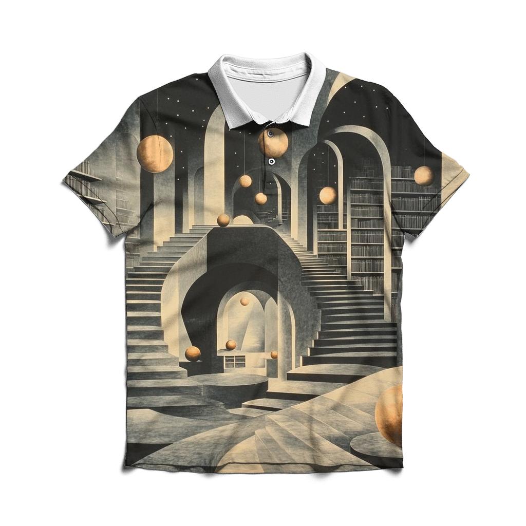 MC Escher Inspired Library Of Orbiting Staircases embroidered polo tops
