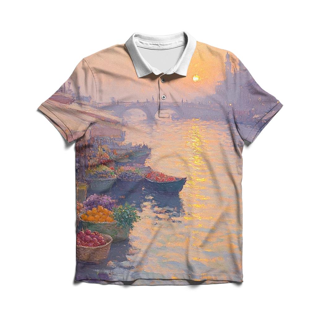 Claude Monet Inspired Sunrise Over Quiet River Market embroidered polo tops