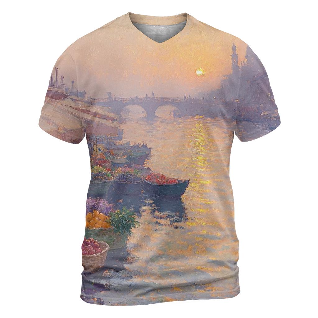 Claude Monet Inspired Sunrise Over Quiet River Market designer pattern shirts