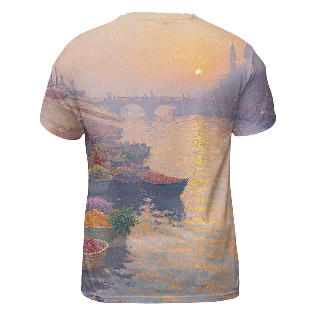 Claude Monet Inspired Sunrise Over Quiet River Market designer pattern shirts