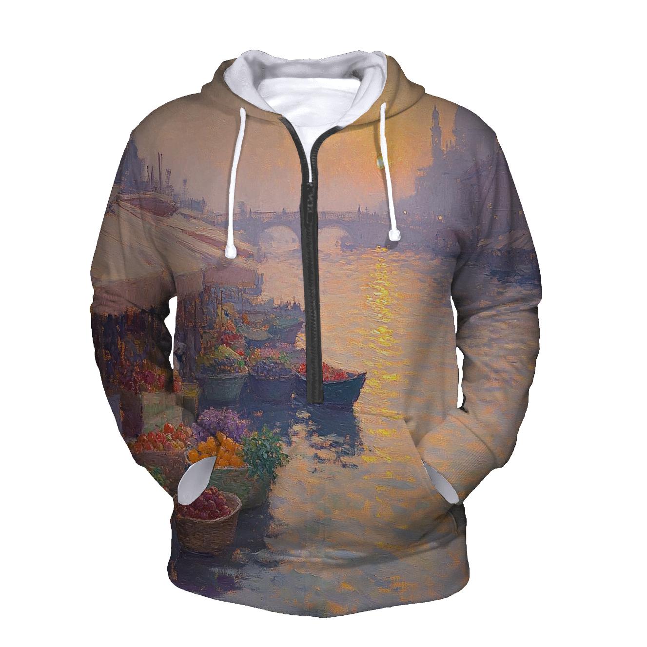 Claude Monet Inspired Sunrise Over Quiet River Market designer hoodies