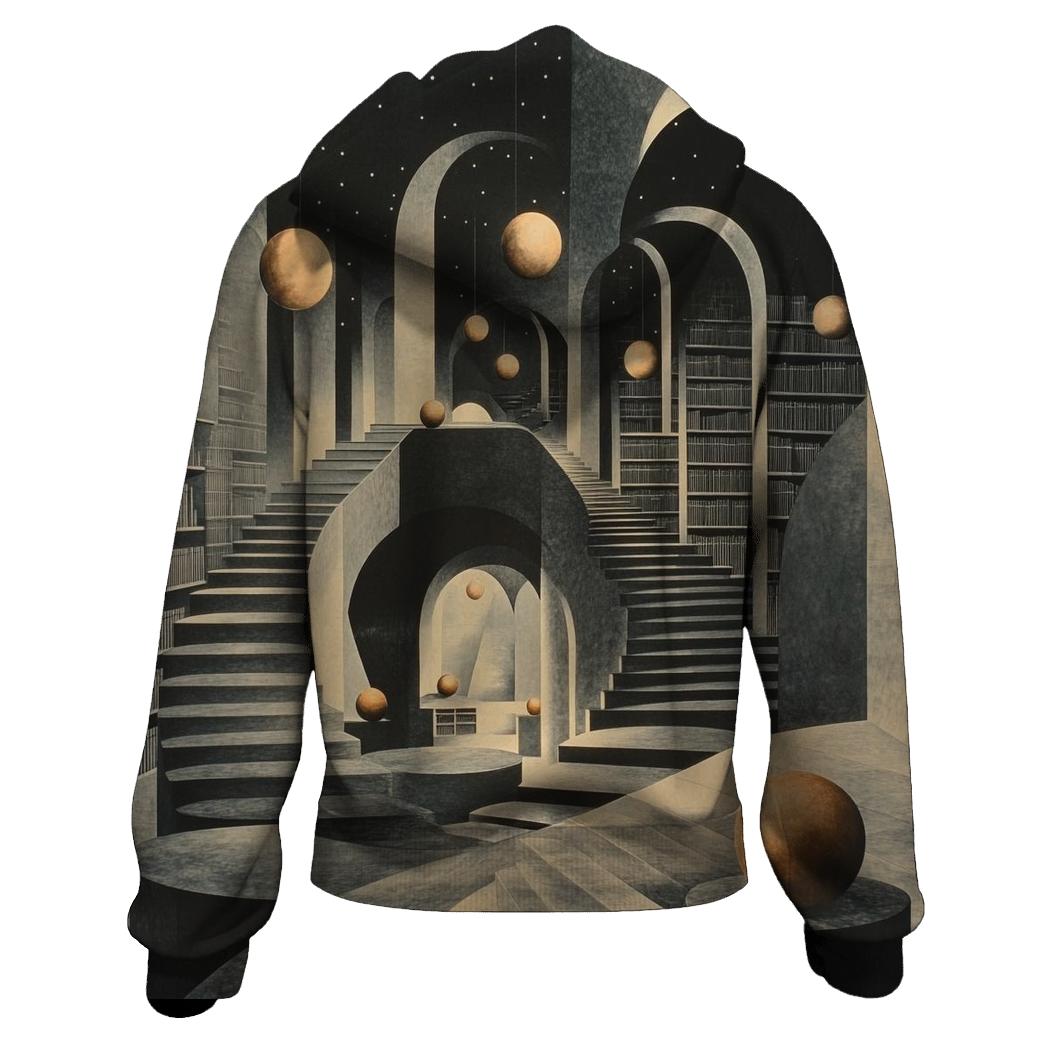 MC Escher Inspired Library Of Orbiting Staircases printed hoodies