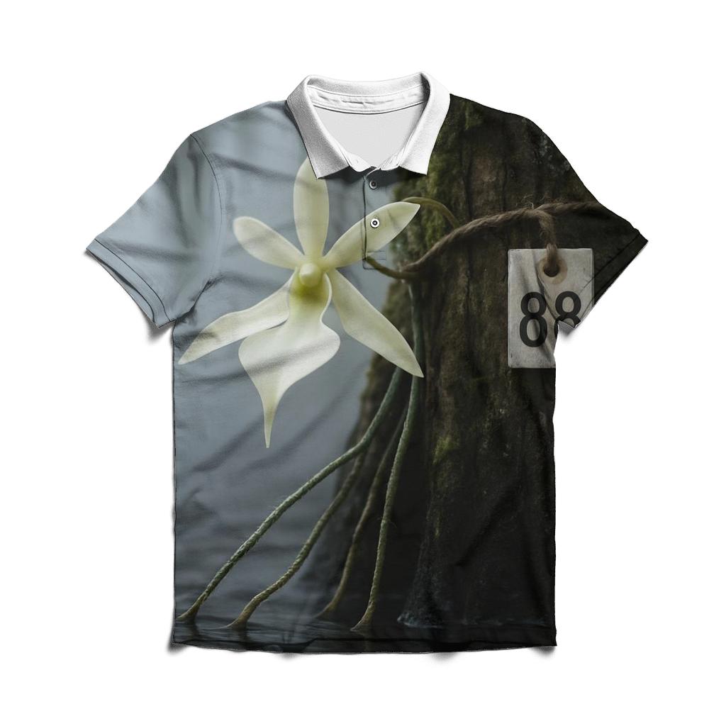 Ghost Orchid Bloom With Conservation Tag In Cypress Swamp premium cotton polo shirts
