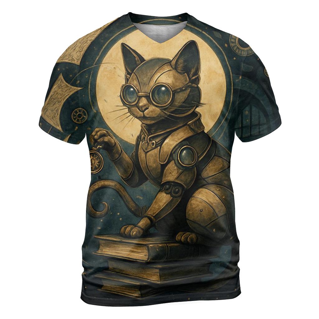 Clockwork Moonlit Librarian Cat vibrant all-over design tees