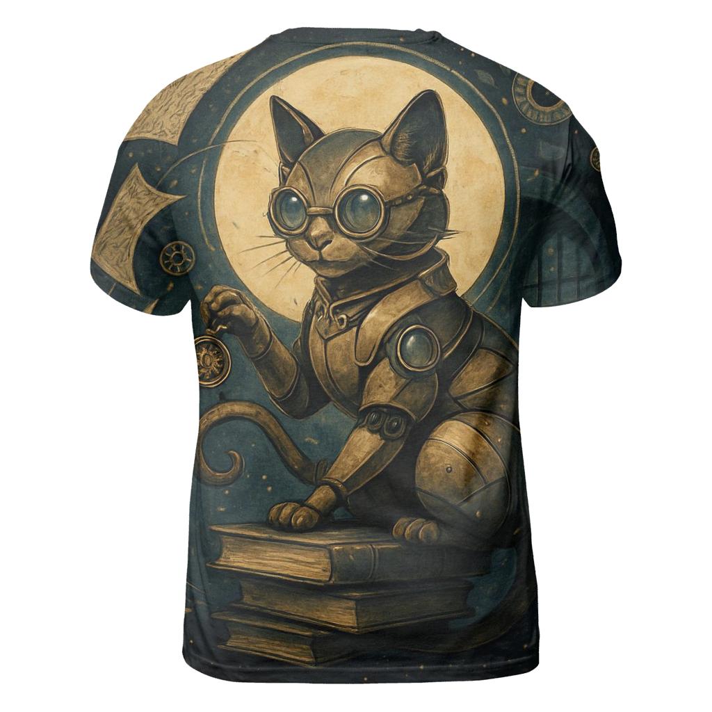 Clockwork Moonlit Librarian Cat vibrant all-over design tees