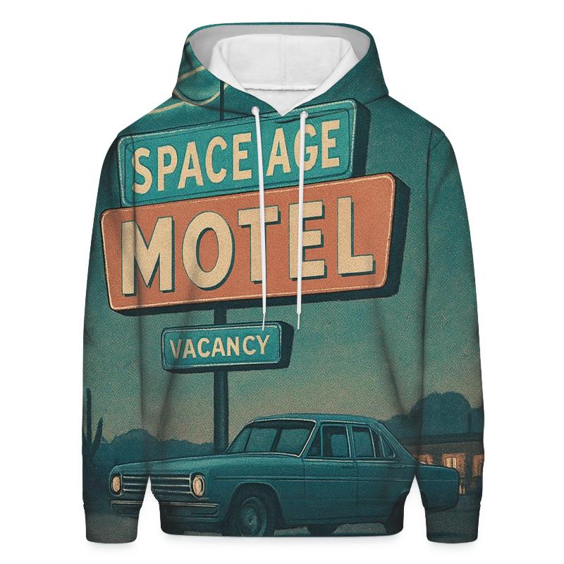 Weathered Space Age Motel Postcard embroidered hoodies
