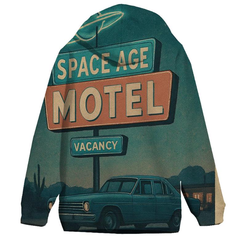 Weathered Space Age Motel Postcard embroidered hoodies