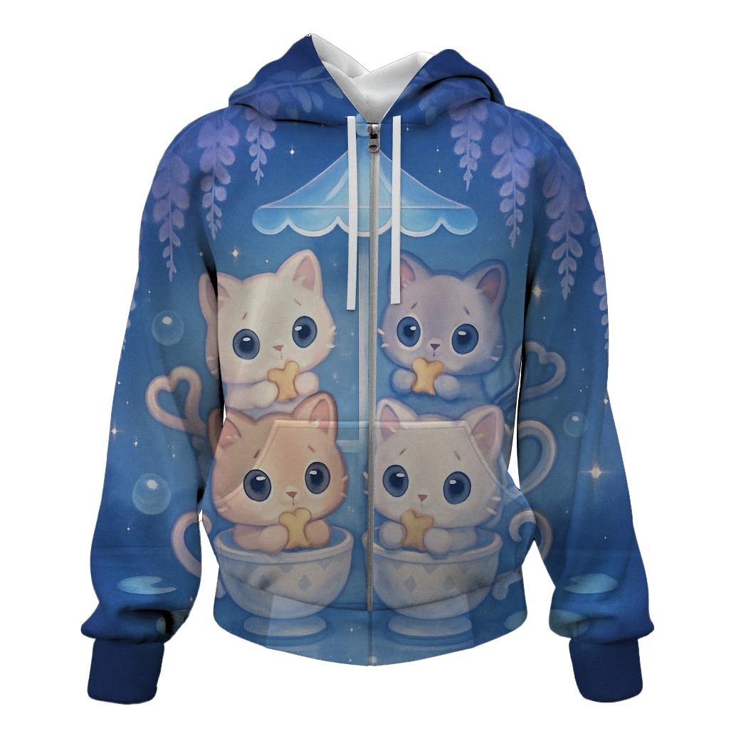 Moonlit Teacup Kitten Carousel zip-up hoodies
