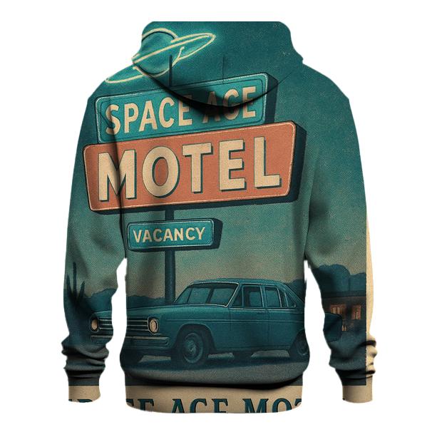 Weathered Space Age Motel Postcard embroidered hoodies