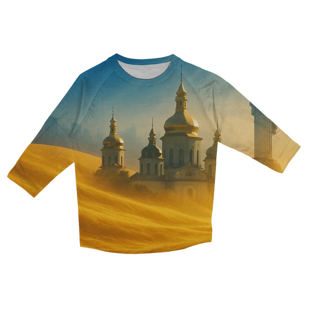 Azure Horizon Flag Reflected In Golden Wheat casual three quarter sleeve shirts