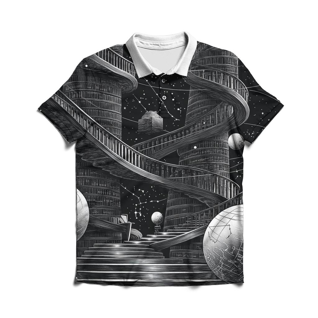 MC Escher Inspired Celestial Library Staircase branded logo polo shirts