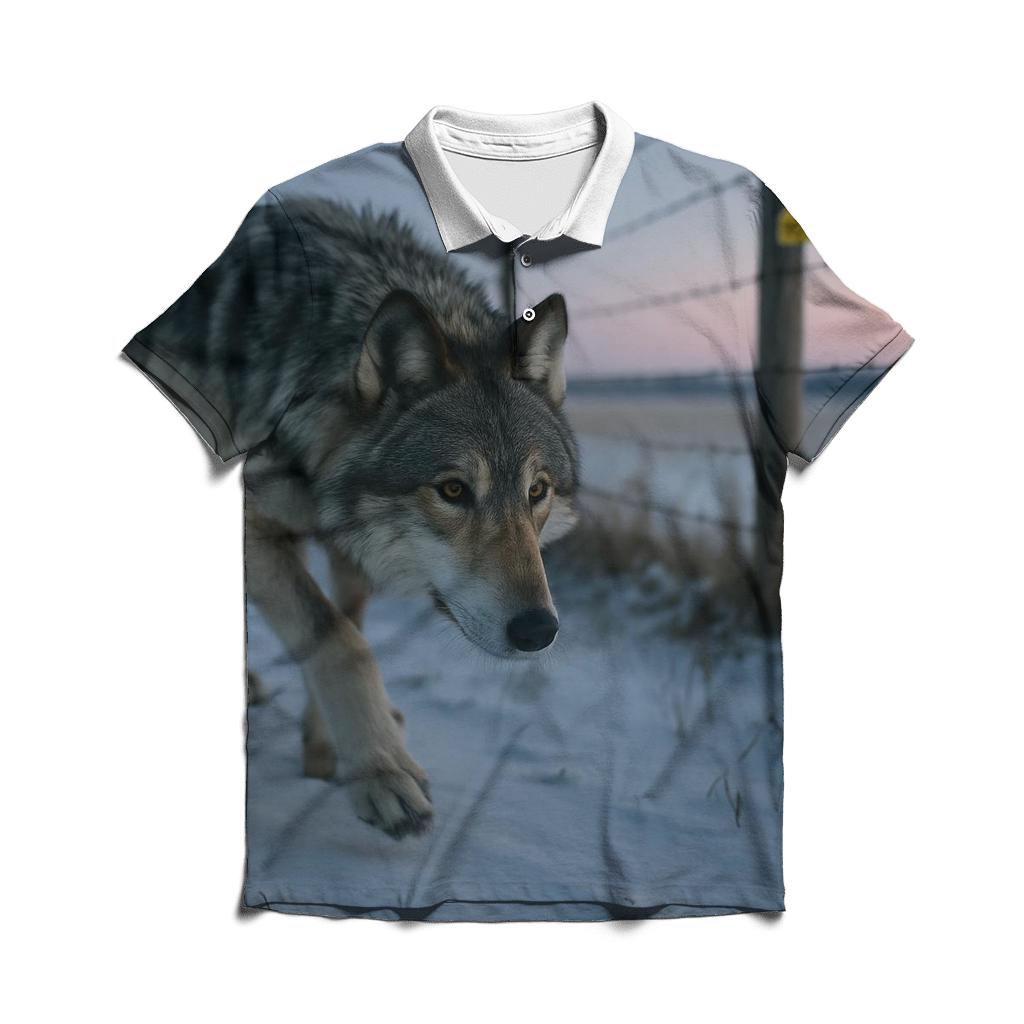 Wolf Under The Rewilding Fence Line branded logo polo shirts